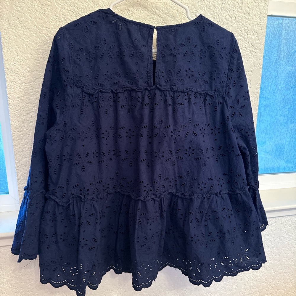 Navy Blue 100% Cotton Eyelet Blouse by Crown & Ivory-Boho Flutter Sleeve XXL - Picture 17 of 17